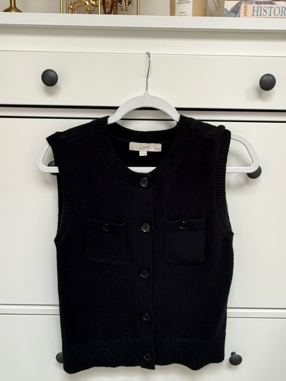 LOFT Black Button-Front Knit Cardigan Vest